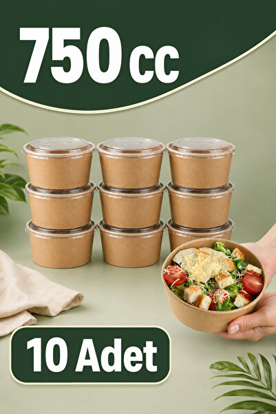 alenked Kraft Karton Kapaklı Salata, Bowl, Makarna, Waffle Kasesi 750 cc 10 Adet