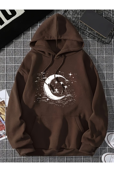 uyguntarz Unisex Star Moon Printed Oversize Hoodie Hooded Sweatshirt