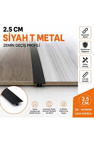 Yapex Parke Geçiş Siyah Alüminyum Kapı Eşiği T Profil 2.5 Mm 82 Cm