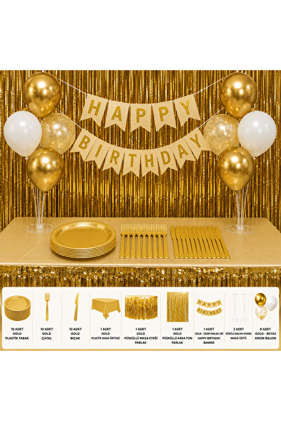 Happyevent Gold White Birthday Party Set for 10 People – Gold Tablecloth, Tas...