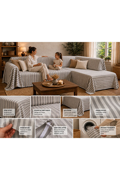 Sister Home Design 500x200 cm L Köşe Koltuk Örtüsü Çizgili Keten Natural Renk...