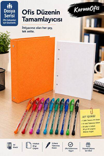 KarmaOfis A4 4-Ring Orange Folder Set – 10 Colored Ballpoint Pens and 50 Shee...