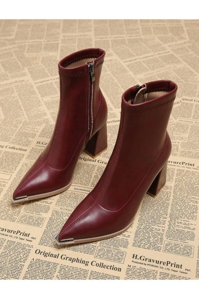 ALNASER MODA Women's Zippered Pointed Toe Metal Detailed Heeled Boots