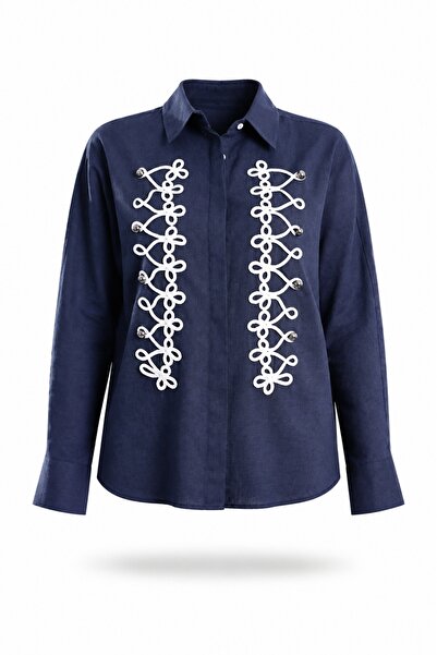 5in1Canpolat Navy Blue Embroidered Detailed Shirt 34975