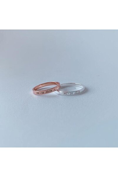 N!da Jewelry 925 Ayar Gümüş Minimal Tasarım Harf Tarih Çift Alyans Yüzük