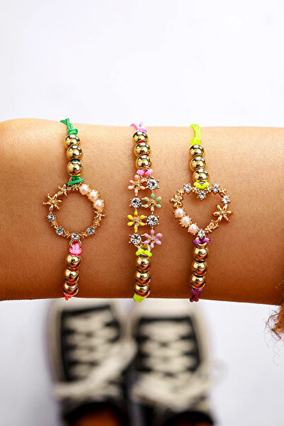 VeeShop Set 3 bratari multicolore, cu snururi colorate, inimioara, flori si c...