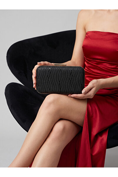 Biçanta Black Striped Laser Patterned Women's Evening Dress Bag with Gold Met...