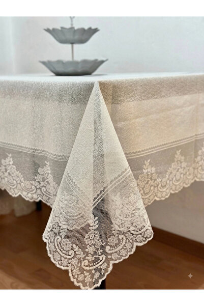COZİCO Çini Desenli Dertsiz Leke Tutmaz Dantelli Masa Örtüsü Krem 160x220 Cm
