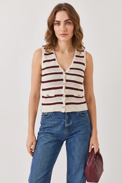 Efnaz style Women's V-Neck Three-Button Striped Knitwear Ecru Burgundy Vest