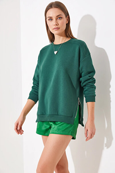 Şeker Portakalım Women's Crew Neck Basic Emerald Sweatshirt with Raised Zippe...