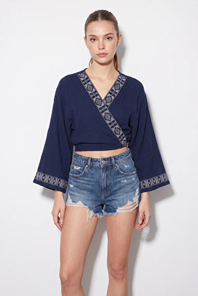 Efnaz style Women's Embroidered Lace-Up Detailed Wide Sleeve Muslin Navy Blue...