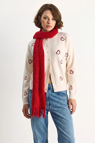 Generic Brand Women's Heart Embroidered Crew Neck Knitwear Cream Cardigan