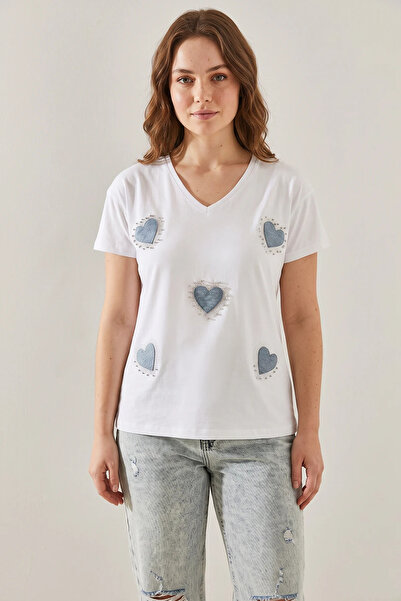 Şeker Portakalım Women's V-Neck Denim Heart Detailed Stoned T-Shirt White