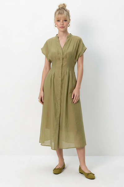 Efnaz style Women's V-Neck Lined Midi Dress with Elastic Back and Pocket Deta...