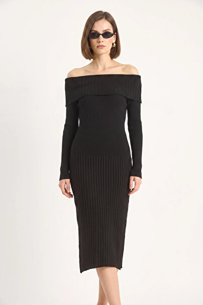 Efnaz style Women's Ribbed Madonna Collar Knitwear Black Dress