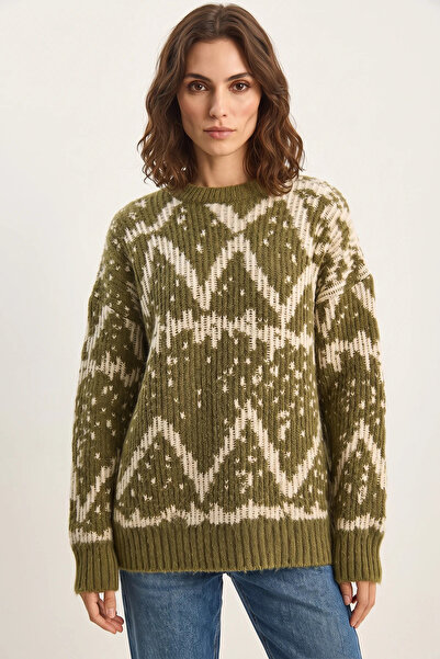 Efnaz style Women's Patterned Crew Neck Oversize Knitwear Green Sweater