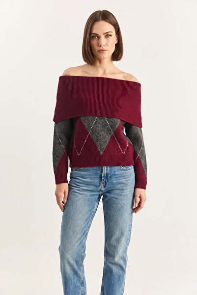 Efnaz style Women's Madonna Collar Diamond Patterned Knitwear Burgundy Anthra...