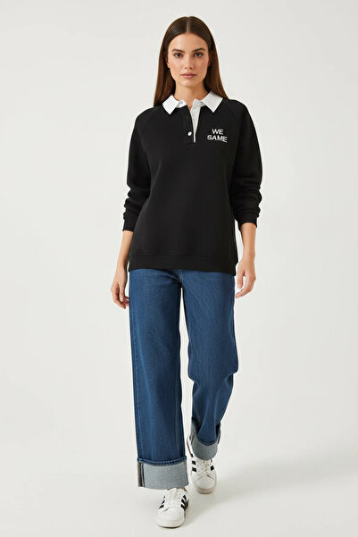 Şeker Portakalım Women's Polo Collar Three-Thread Ribbed Black Sweatshirt