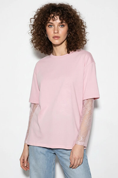 Şeker Portakalım Women's Crew Neck Lace Sleeve Oversize Cotton t Shirt Pink
