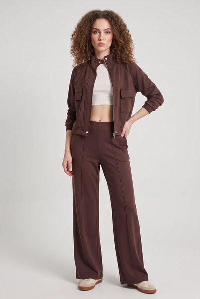 Çocux Kids Wear Kadın Çift Cep Detaylı Fermuarlı Lastik Bel Ceketli Bol Pantolonlu Kahverengi Takım