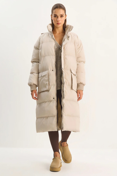 Efnaz style Women's Hidden Hooded Pocket Detailed Long Lined Puffy Beige Coat