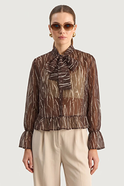 Generic Brand Women's Drawstring Sleeve Detailed Patterned Chiffon Bitter Bro...