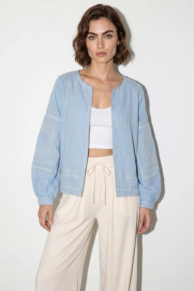 Efnaz style Women's Embroidery Detailed Summer Muslin Baby Blue White Jacket
