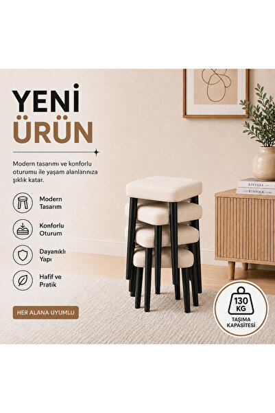 KARE 4LÜ PUF TAKIMI TABURE BENCH MAKYAJ SANDALYESİ SİYAH AYAK
