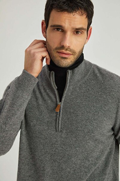 Silk and Cashmere Orta Gri Melanj Saf Kaşmir Yüksek Yaka Kazak