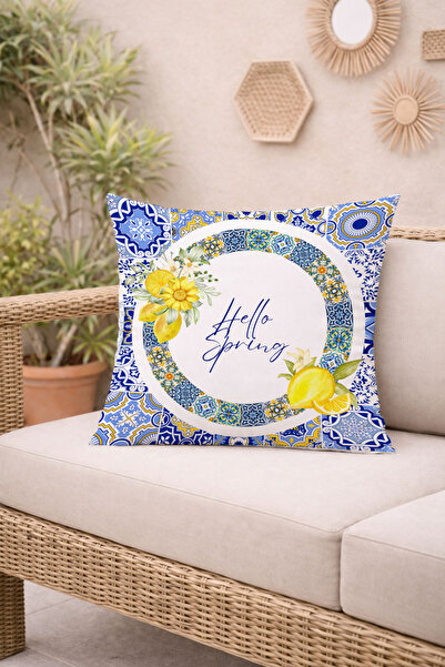 Evmila Hello Spring Blue Yellow Tile Patterned Decorative Throw Pillow Cover ...