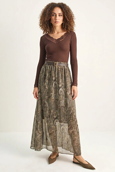 Generic Brand Women's Patterned Belt Detailed Lined Chiffon Maxi Brown Skirt
