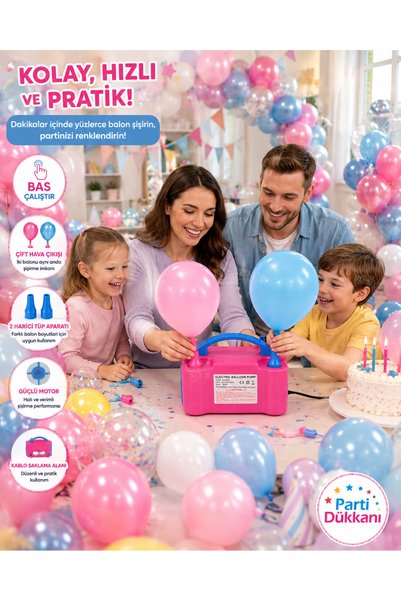 Parti Dükkanı Electric Balloon Inflator Pump with Dual Air Outlets, Push-Start, Practical Balloon Pump with 2 Tubes