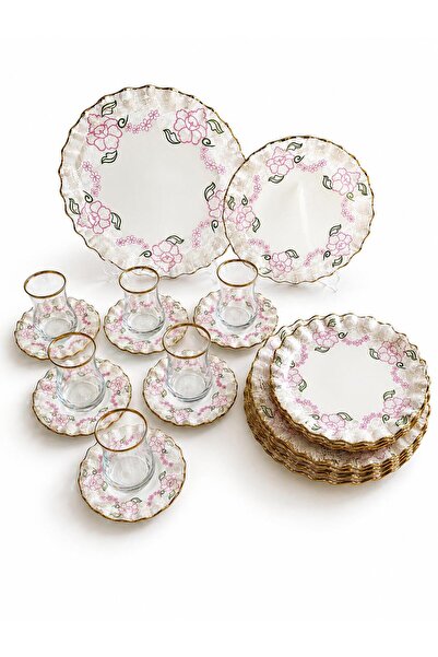 GÜRCÜGLASS Pink Lace 24 Prç Breakfast Set.