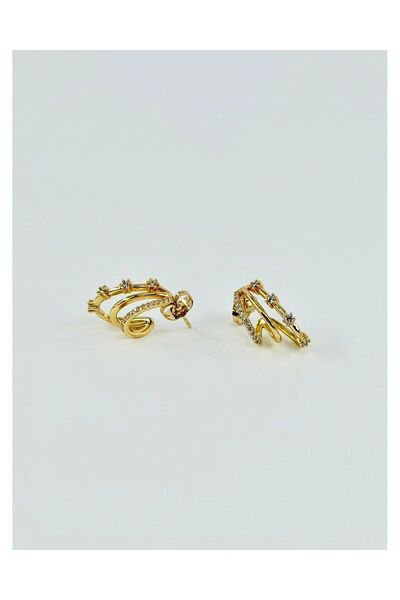 AYRA ACCESSORY Üç Sıra Taş Detaylı Gold Renk Çelik Çivi Küpe