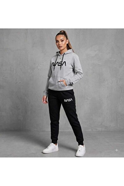 CLOTHES33 Hooded Tracksuit 2-Piece Combination Winter Thick Nasa Printed Wome...