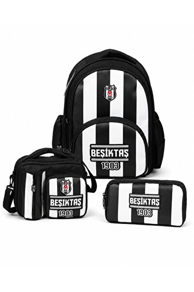 Beşiktaş Lisanslı 1903 Siyah Beyaz Çizgili 3'lü Okul Çantası Seti - Okul Çant...