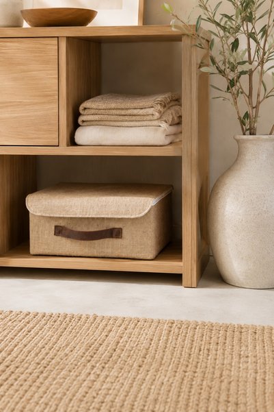 Dathcha Jute Organizer Basket with Lid L Size 35X26X15 cm Shelf Inside the Cabinet Bathroom and Accessory Storage Box