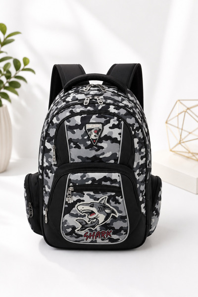 15NF36 Premium School Backpack for Boys, Army Camouflage Pattern with Shark, ...