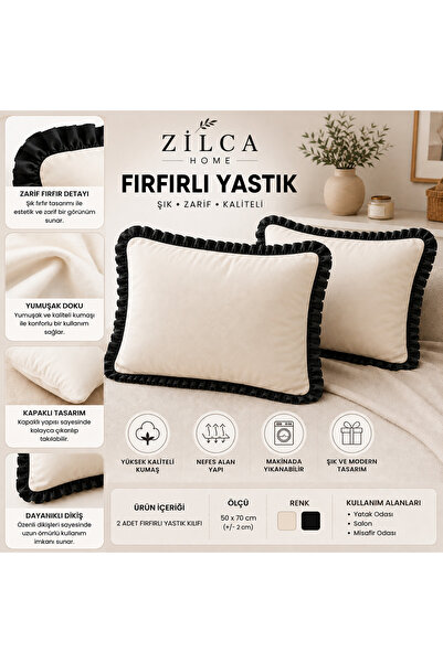 HOME Siyah Fırfırlı Yastık Kılıfı 2’li Set 50x70 cm – Kapaklı, Fermuarsız, Krem