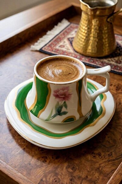 ALBETTO 2-Person Gold Gilded Green Marbled Patterned Floral Porcelain Coffee ...