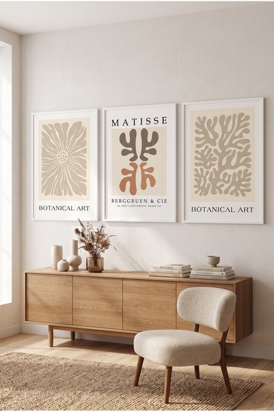 Tuba VİTA Beyaz Ahşap Çerçeveli Bej Matisse Botanik Sanat Üçlü Duvar Tablosu ...