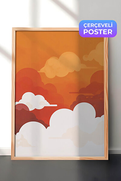 Zestia Pictură murală minimalistă cu ramă din lemn, Nori portocalii de apus d...