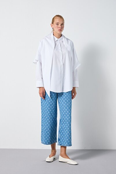 minaaise Women's Oversize Poplin Shirt with White Scarf 31087