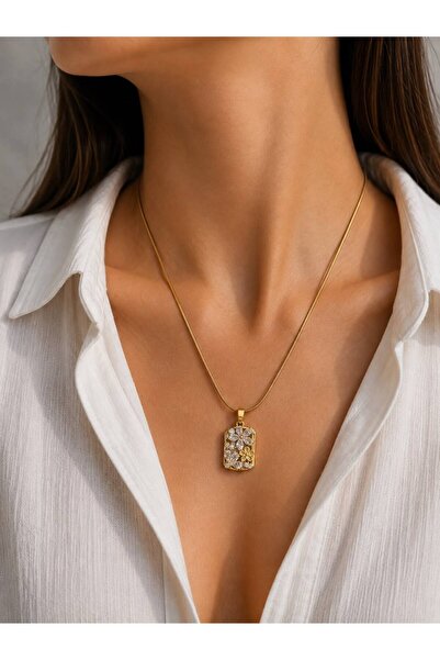 stainless steell Flower Detailed Frame Steel Necklace