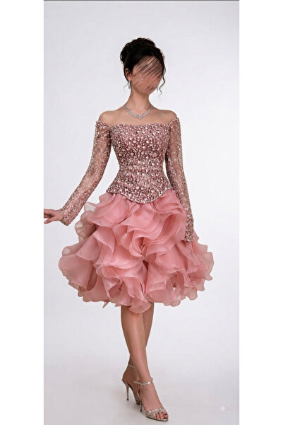 CACHE MONNEY High-End Short Evening Dress Fluffy Design with Embroidered Sleeves