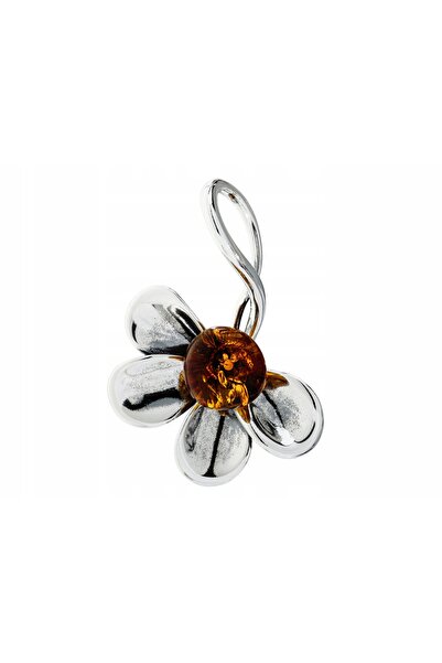 NO BRAND Pandantiv argintiu floare cu chihlimbar, pandantiv floare din argint...