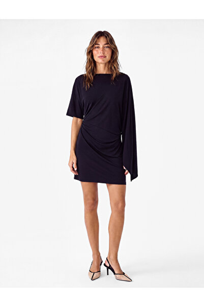 Koton Drape Detailed Slim Fit Round Neck Long Cape Sleeve Detailed Mini Dress