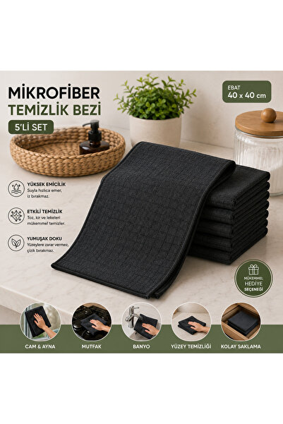HOME Mikrofiber Temizlik Bezi 5’li Set 40x40 cm Siyah – Yüksek Emici Çok Amaçlı Cam Mutfak Banyo Bezi