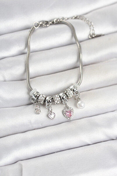 SORA GROUP Brass Silver Color Heart Detailed Charm Women's Bracelet