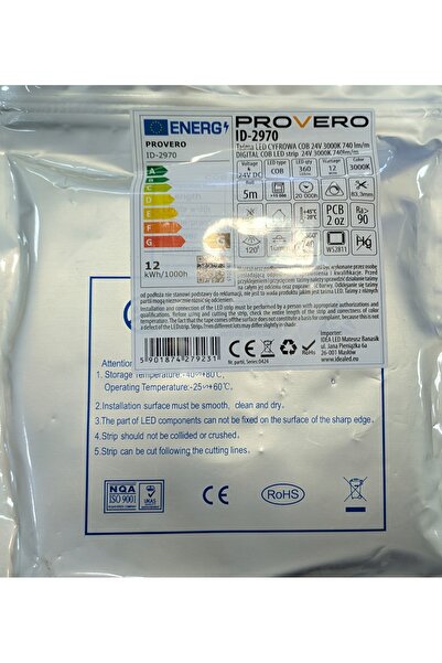 NO BRAND Bandă LED COB digitală 1800, 12 W/m, 3000 K, alb cald, 10 mm, 24 V, ...
